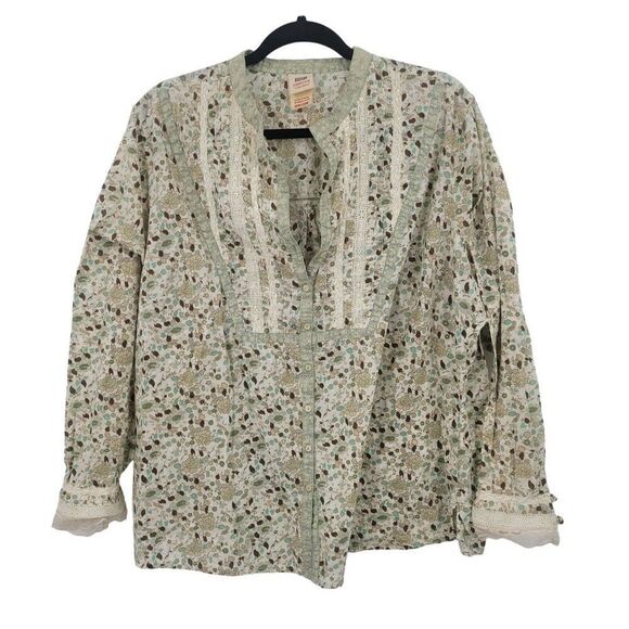 Vintage Ditsy Floral Blouse 18W/20W Green Lace Bib Button Boho Cottagecore - Picture 12 of 12